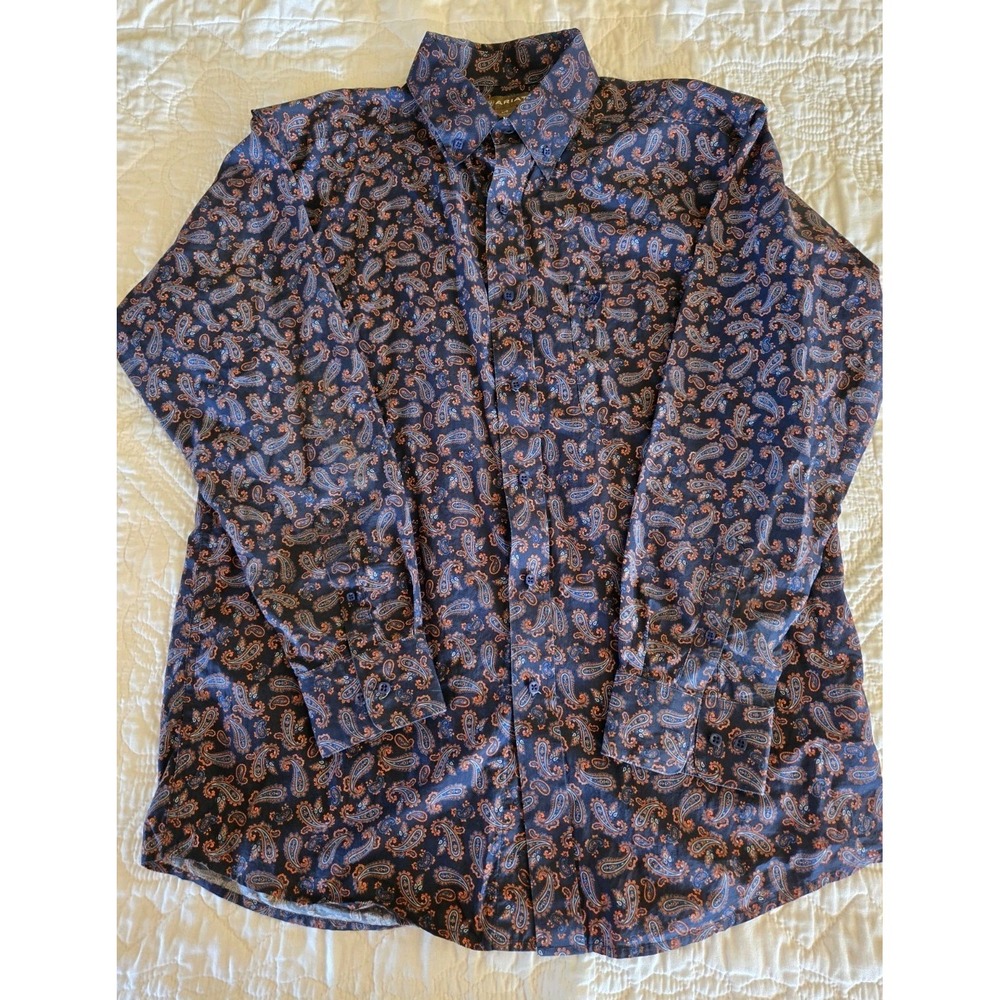 Ariat Button Down Shirt Mens Large Long Sleeve Navy Blue Paisley Cotton